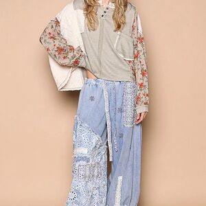 Floral Patchwork Denim and Crochet Jogger style Pants